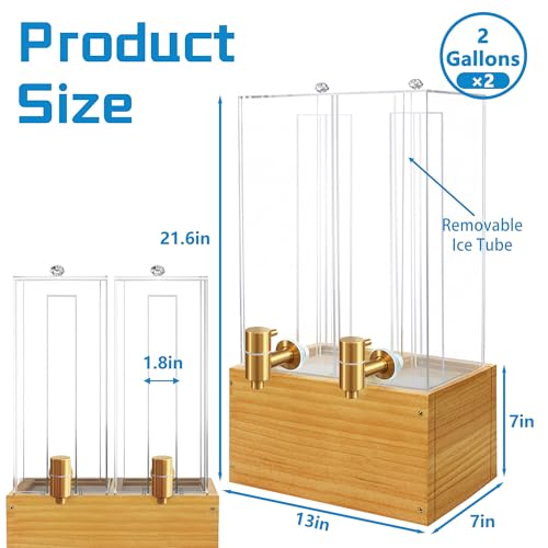 2 Pack 2 Gallon Drink Dispenser, Large Drink Dispenser with Wood Stand, Beverage Dispenser with Ice Core and Airtight Valv...