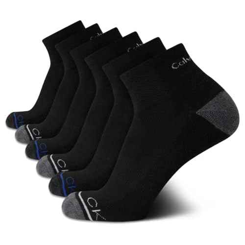 Calvin Klein Mens Quarter Socks - 6 Pack Breathable Cushion Athletic Quarter Length Ankle Socks for Men for Running & Workout