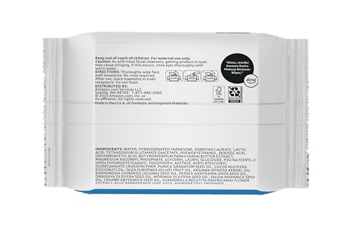 Amazon Basics Makeup Remover Wipes, Gentle Cleansing, Dermatologist Tested, Fragrance-Free, Plant Based, Alcohol-Free, Rem...