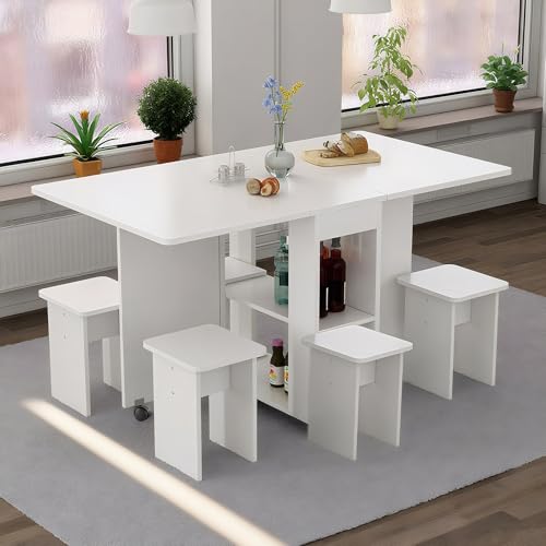 LUMISOL Folding Dining Table Set for 4, Drop Leaf Kitchen Table Set with 4 Chairs, Storage and 6 Wheels, Space Saving Dini...