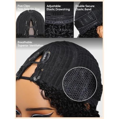 Nadula EasiContour V Part Yaki Straight Human Hair No Leave Out Clip in V-part Wig,12A Glueless Upgrade U Part Light Kinky Straight Human Hair Wig 180% Density with Elastic Drawstring 14inch