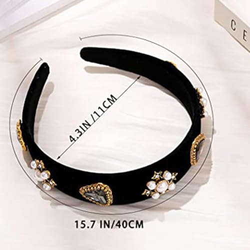 Coridy Black Baroque Headbands Pearl Rhinestones Wide Headband Velvet Jeweled Hair accessories for Women (Elegant)