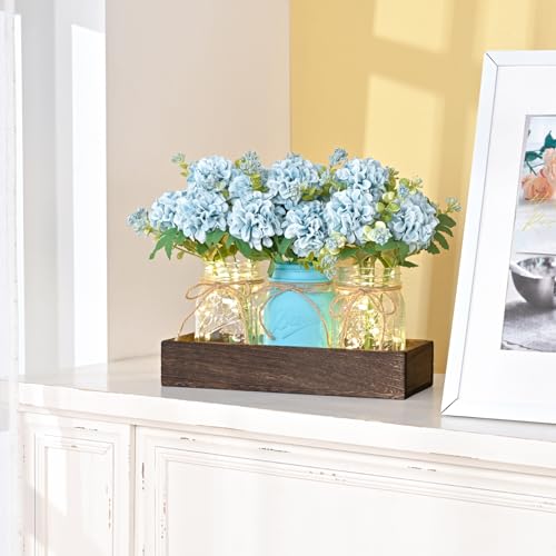 BLEUM CADE Centerpiece Table Decorations - 3Pcs Hydrangea Artificial Flowers in Mason Jars with Wood Tray for Dining Table...