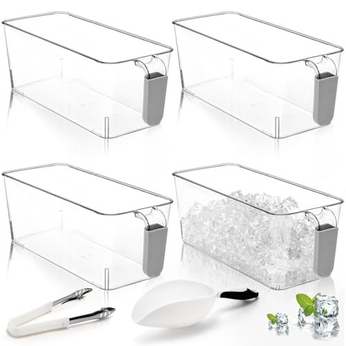 Pumtus 4 Pack Clear Ice Bins for Freezer, Plastic Ice Bucket with Flexible Scoop & Ice Tong, Pull Out Handle Ice Containe...