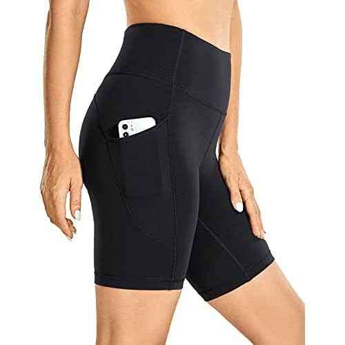 CRZ YOGA Women's Brushed Naked Feeling Biker Shorts with Side Pockets 8'' - High Waist Matte Workout Yoga Gym Spandex