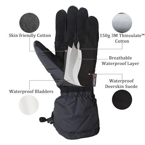 SKYDEER 100% Waterproof and Premium Deerskin Suede Leather Ski Gloves with 150G 3M Thinsulate Lining, Ultra Soft & Durable...