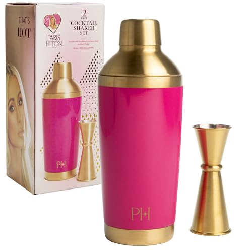 Paris Hilton 2-Piece Cocktail Shaker Set, Double Wall Insulated Stainless Steel Mixer with Built-In Strainer and Double-Si...