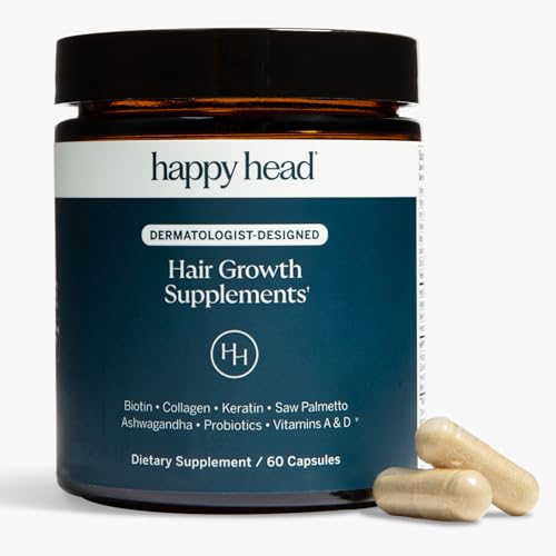 Happy Head Hair Growth Supplement for Men and Women ? Thicker, Fuller Hair with Saw Palmetto, Ashwagandha, Biotin, Collagen, Keratin, Probiotics & Vitamins A & D ? One Month Supply ? 60/ct