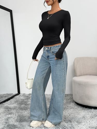 Trendy Queen Womens Long Sleeve T-Shirts Basic Crop Tops 2026 Spring Fashion Outfits Going Out Winter Clothes