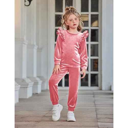 Arshiner Girls 2 Piece Outfits Velour Tracksuit Cute Clothes Sweatsuit Ruffle Pullover Sweatshirt Sweatpants Clothing Sets