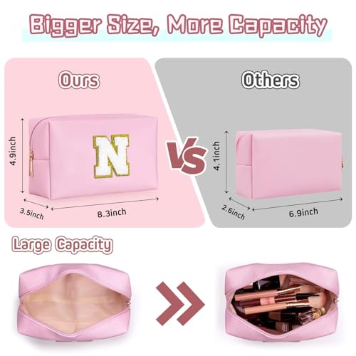 TOPEAST Preppy Pink Glitter Chenille Patch Travel Makeup Bag, 8.3in x 3.5in x 4.9in
