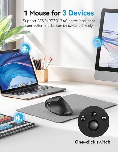 TECKNET Ergonomic Mouse, Rechargeable 2.4G+Bluetooth Vertical Mice 6 DPI Adjustable, Wireless Optical Carpal Tunnel Mouse ...