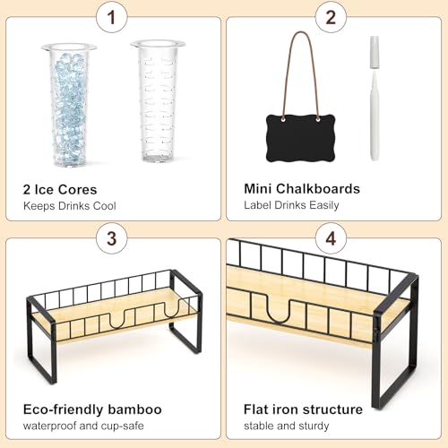 Zuyachuza 2-pack 1 Gallon Drink Dispenser,Glass Beverage Dispenser with Spigot,Lemonade dispenser Bamboo Stand for Outsid...