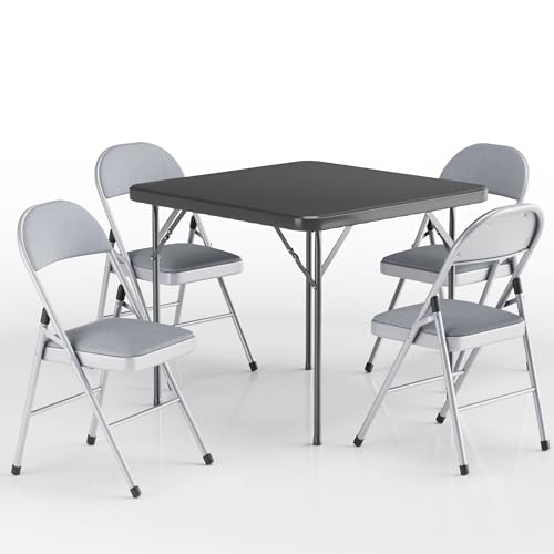VECELO 5 Piece Folding Card Table Square and Chairs Set, Collapsible Legs & Portable for Indoor/Outdoor, Picnic, Black & D...