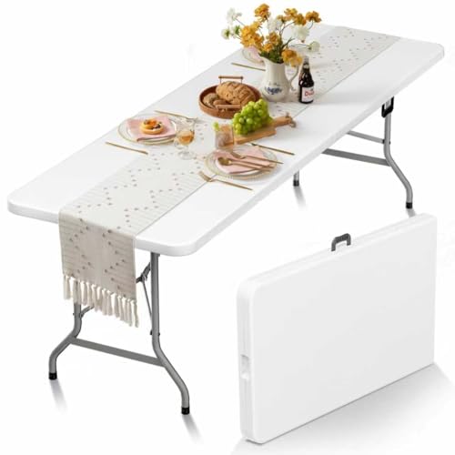 HLPB Folding Table Picnic Table, 8 ft Portable Camping Table with Handle and Safety Locks, Foldable Table Plastic Dining T...