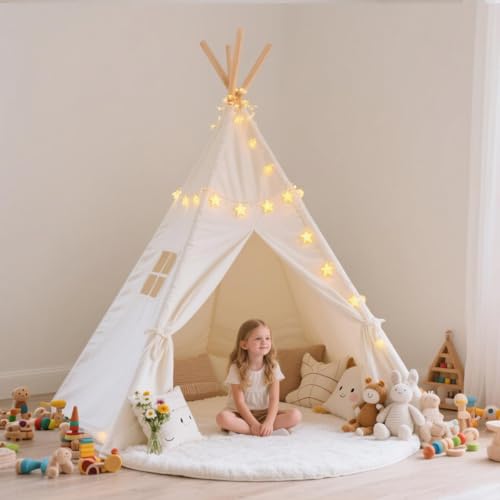 Quaocens 6 Pack Teepee Tent for Kids,Collapsible Kids Teepee Tent with 10 Ft String Lights,White Kid Teepee Boys Girls Ind...