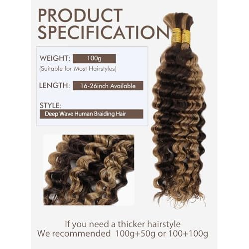 P4/27 Ombre Brown Blonde Human Braiding Hair for Boho Braids 2 Bundles 24 Inch 100g Deep Wave Braiding Hair for Bohemian Knotless Braids 100% Unprocessed Virgin Bulk Hair Extensions No Weft