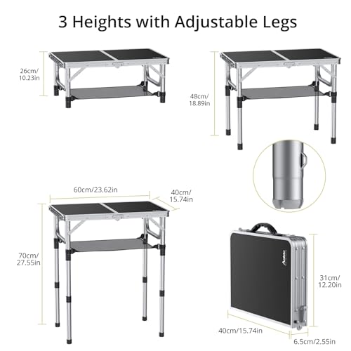 Anbte Folding Camping Table, Aluminum 24" x 16" Adjustable Height Small Folding Table with Carrying Handle, Lightweight, P...