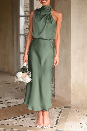 PRETTYGARDEN Women's 2026 Summer Satin Dress Elegant Sleeveless Mock Neck Cocktail Party Maxi Dresses