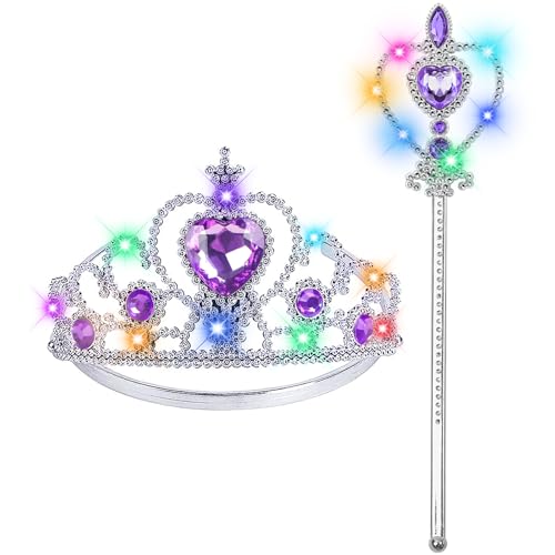 BIBUTY Princess Crown Tiara for Little Girls Princess Dress Up Accessories, Light Up Princess Tiara Wand Toys for 3-6 Girls