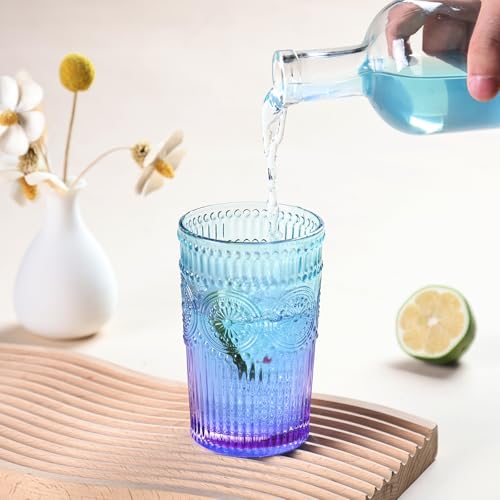 Loivttvv 6pcs Vintage Drinking Glasses Set, 12 oz Glass Cups, Embossed Ribbed Glassware Drinking Glasses for Cocktail, Wat...