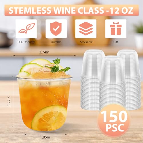 LIANGYUNZE Disposable Stemless Clear Plastic Cups 12OZ NATURAL Arc Plant Based wine glasses For Parties Weddings Birthdays...