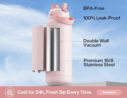 POWCAN 40 oz Insulated Water Bottle with 2-in-1 Straw and Spout Lid, Keep Cold 24H, Leak-Proof, BPA-Free, Double Wall Stai...