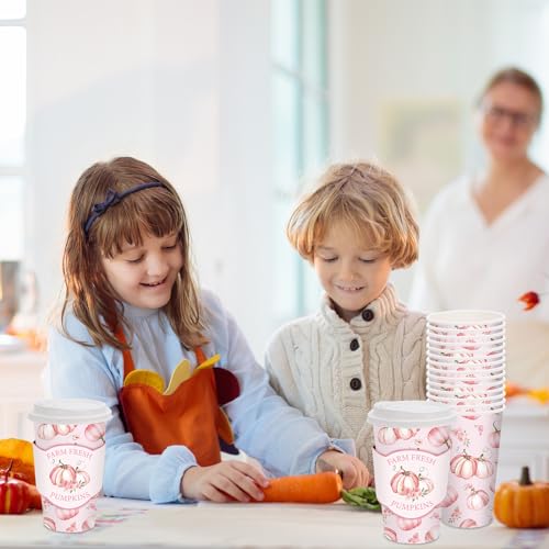 JarThenaAMCS 48 Set Fall Little Pumpkin Disposable Coffee Cups with Lids and Sleeves Pink Pumpkin Flower Paper Cups Fall D...