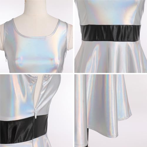 IBAKOM Women Shiny Metallic Skater Dress Disco Dance 80s Holographic Dress Hallowen Cosplay Outfits Wet Look Pleated Dress