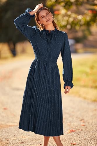 PRETTYGARDEN Women's 2026 Spring Fall Midi Dress Casual Long Sleeve V Neck Swiss Dot Pleated A Line Flowy Dresses