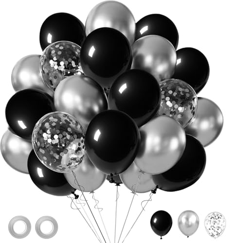 LuhcXbs Black Silver Confetti Balloons, 50pcs 12-inch, Unisex Adults, Party, General Celebration, Black Silver, Round, Ver...