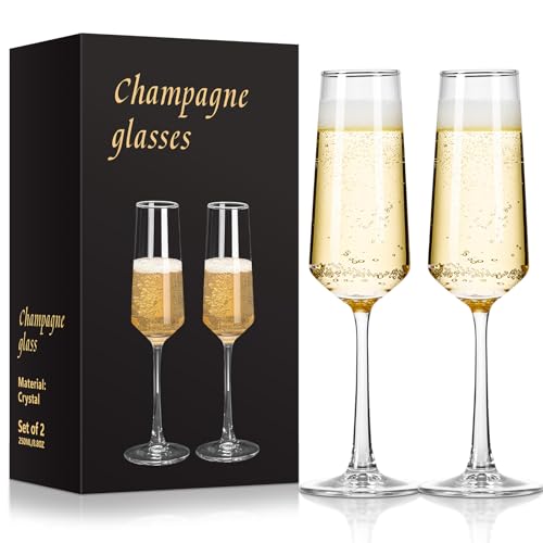 Ocean ice Glass Champagne Flutes Glass, Champagne Glasses Set of 2, Stemmed Mimosa Glasses 9oz, Hand Blown Champagne Flute...