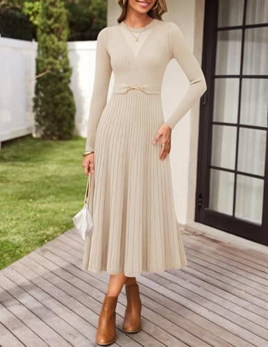 ZESICA Women's Long Sleeve Midi Sweater Dress 2026 Fall Crewneck Knit A Line Pleated Flowy Long Dresses with Belt
