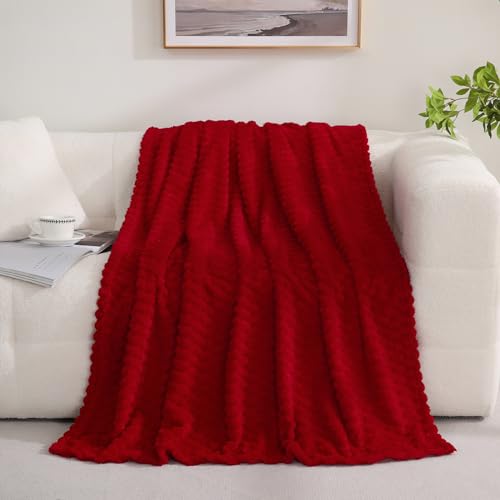 Red Throw Blanket 50"×60" inches Gifts for Mom Fuzzy 3D Jacquard Decorative Flannel Fleece Super Soft Plush Cozy Blanket f...