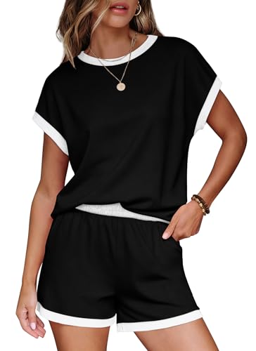 WIHOLL Two Piece Sets for Women Summer Lounge Short Sets Cap Sleeve Crew Neck Sweatsuit with Pocket XS-2XL