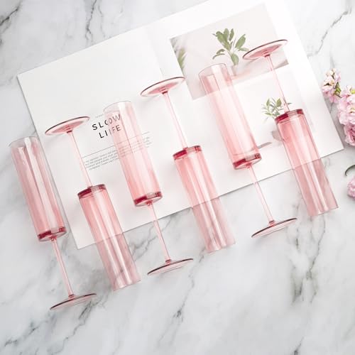 6 Pieces Acrylic Pink Champagne Flutes 5.4 OZ Square Champagne Glasses Stemmed Coupes Reusable Wedding Toasting Glasses Ro...