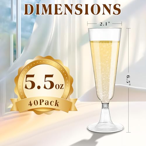 Sakeye Plastic Champagne Flutes 40 Pack Disposable Glasses 5.5 Oz Clear Plastic Toasting Glasses for Party Wedding Thanksg...