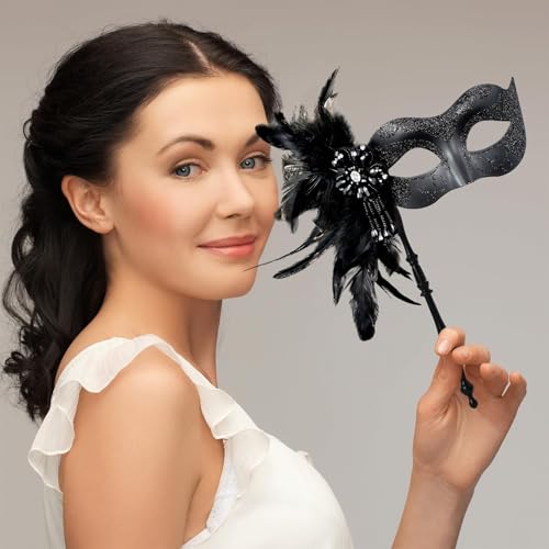 MYSEUNI 2025 New Masquerade Mask for Women with Stick - Shiny Women's Feather Mardi Gras Venetian Mask for Costume Accessory