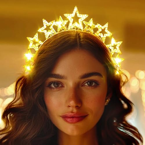 DRESBE Light Up Star Headband New Year Rhinestone LED Headbands NYE Glow Party Hair Accessories for Women (Gold)