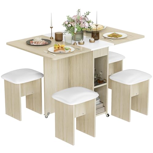 Lamerge Folding Dining Table Set for 4, Dinner Table with 4 Leather Chairs and Shelves, Space Saving Foldable Dining Table...