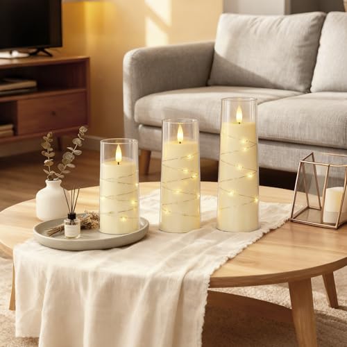Raycare Flameless Candle with Remote Timer, 3 Flickering Acrylic Battery Operated LED Pillar Candles with Embedded Star St...