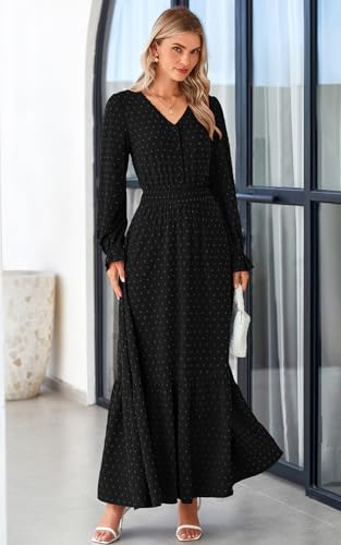 PRETTYGARDEN Women's 2025 Maxi Dress Long Sleeve V Neck Flowy Swiss Dot High Waist Casual A Line Fall Wedding Guest Dresses