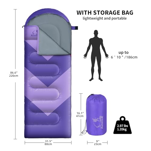 Sleeping Bag for Adults, Girls, Boys - 3 Season Warm & Cool Weather Lightweight Waterproof Camping Bag for Hiking, Outdoor...