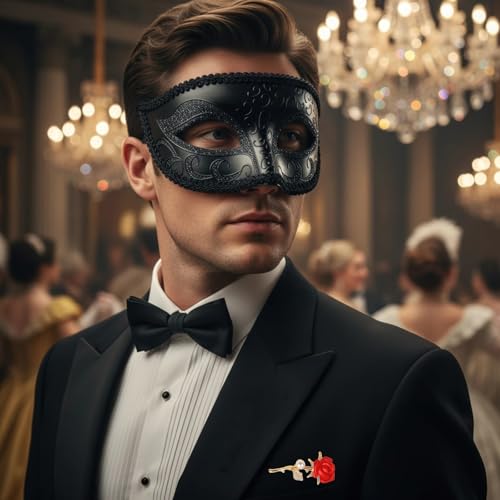 Hyperfun Experience Masquerade Mask for Men with Brooch for Halloween Mardi Gras Party