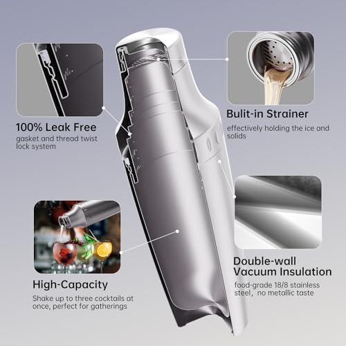 Magcheer Hybrid Cocktail Shaker Set | Vacuum Insulated Stainless Steel Martini Shaker with Strainer & Jigger Lid | Travel ...