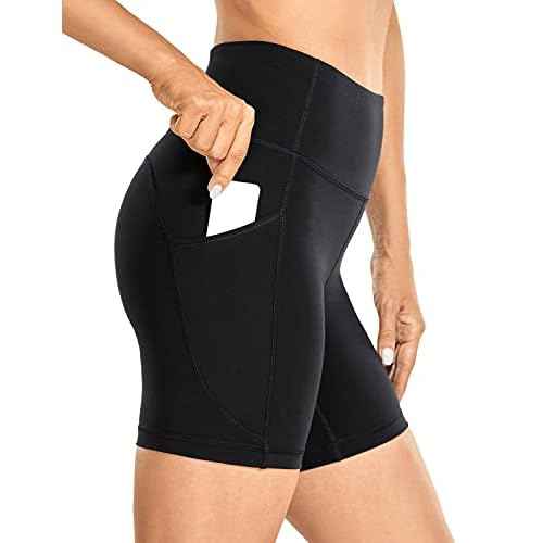 CRZ YOGA Women's Brushed Naked Feeling Biker Shorts with Side Pockets 6'' - High Waist Matte Workout Yoga Gym Spandex