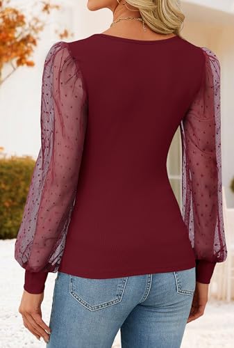 ZESICA Women's Mesh Puff Long Sleeve Shirts 2026 Spring Fall V Neck Ribbed Knit Sexy Going Out Tops Casual Work Blouse