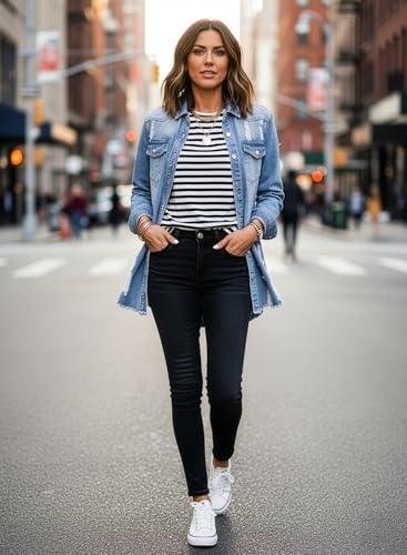 Dokotoo Women's Oversized Denim Jacket Casual Long Sleeve Denim Shirts Distresse Jean Jacket