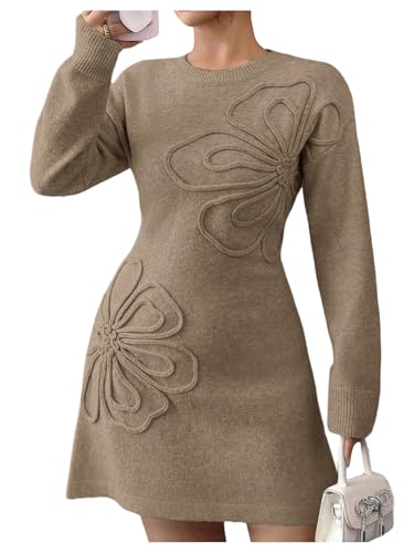 Verdusa Women's Floral Jacquard Sweater Dress Elegant Long Sleeve Short A Line Dresses Fall Clothes Festival Outfits