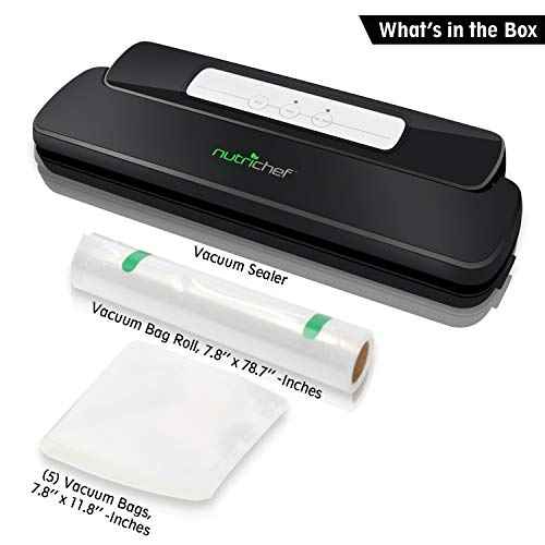 NutriChef Automatic Handheld Sealer Vacuum Machine -Storage for Dry or Moist Product Home Kitchen Heat Sealing System -Simple & Compact Fresh Saver Meal -Food Plastic Roll Bag Starter Kit -AZPKVS10BK